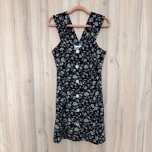 VTG 90s Explorations Womens Floral Button Front Mini Dress Size S Black Cottage